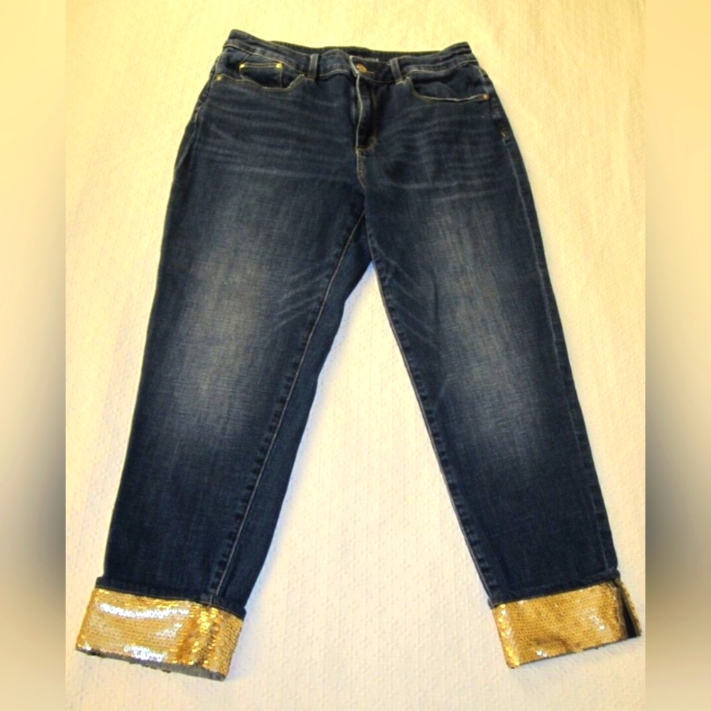 Chicos Boyfriend Gold Sequin Cuff Ankle jeans sz 8 R or Chicos size 1R NEW